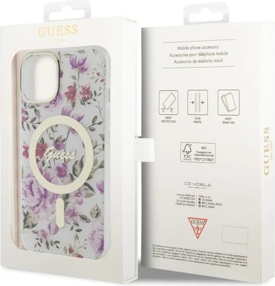 Mbështjellës Guess Flower MagSafe për iPhone 14, Transparent Mbështjellës Guess Flower MagSafe për iPhone 14, Transparent