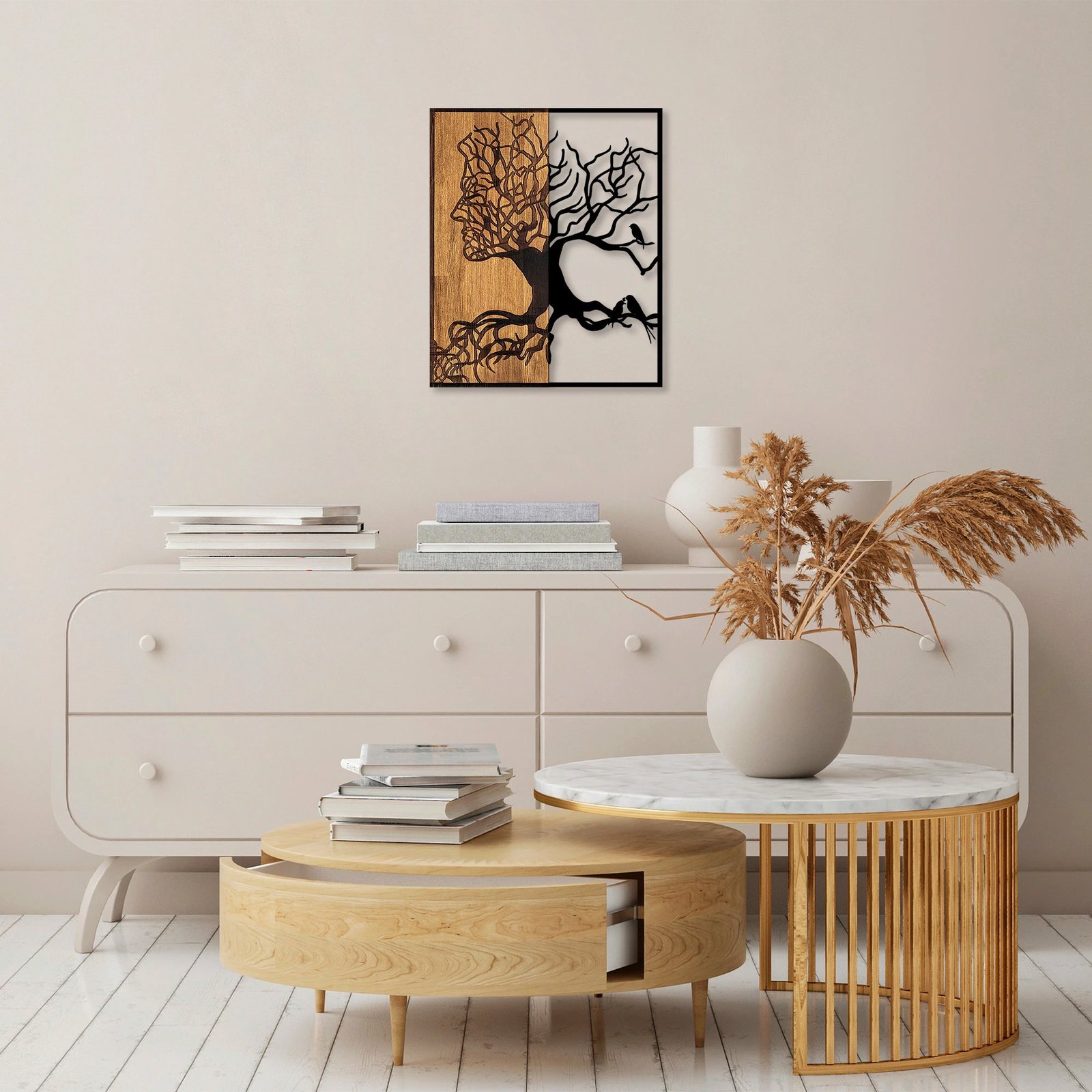 Aksesor dekorativ për mur, dru dhe metal, dizajn pemë, Wallity, 49x3x58cm