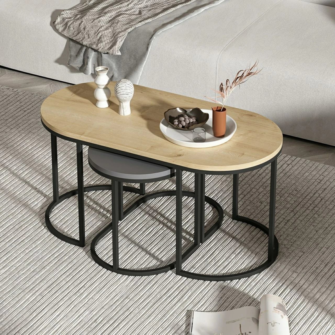 Set tavolinash të vendosshme Hanah Home, Dena, antracit dhe lis, 3 copë