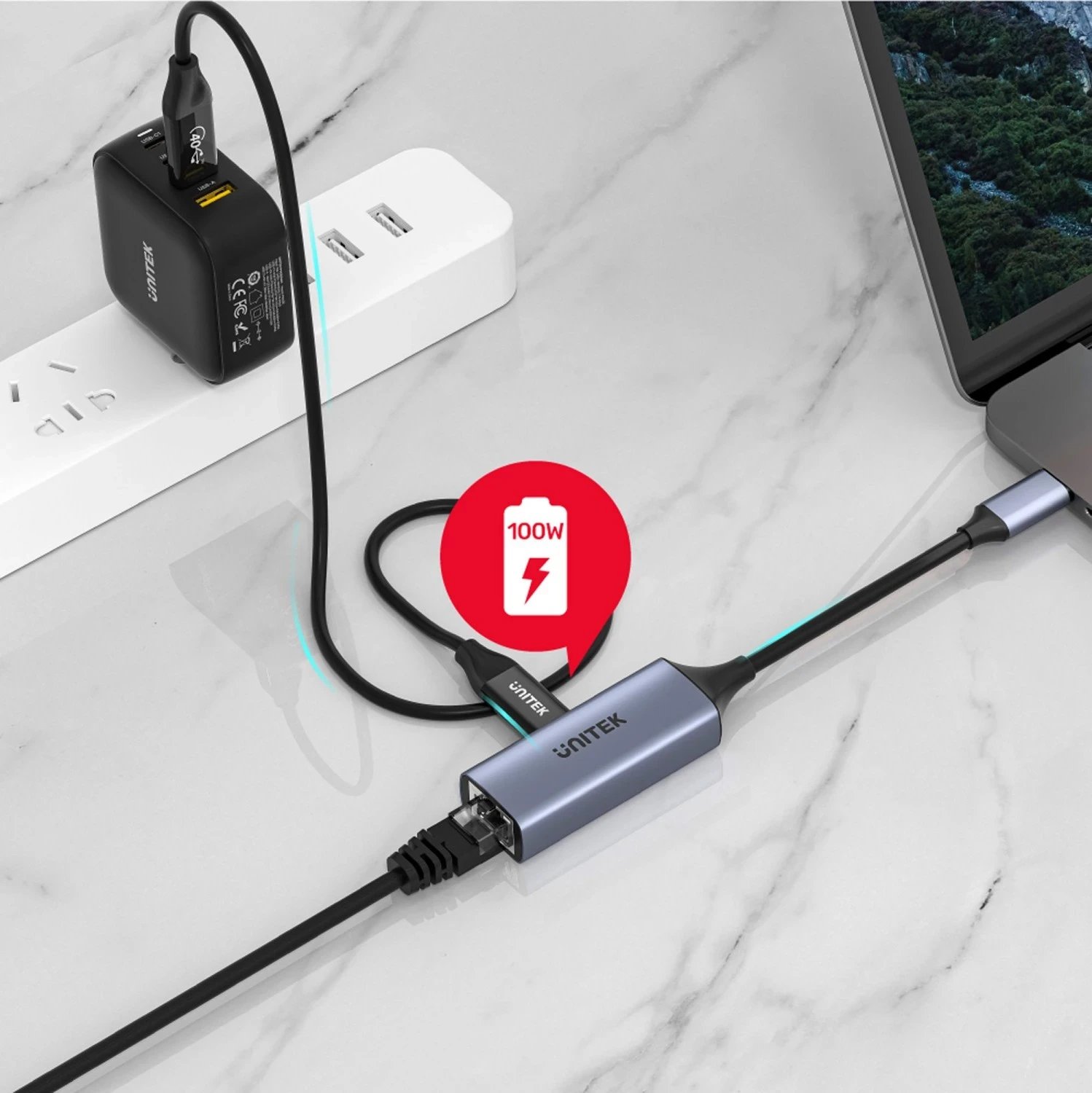 Adapter Unitek USB-C në RJ45 1Gbit LAN, PD 100W Adapter Unitek USB-C në RJ45 1Gbit LAN, PD 100W