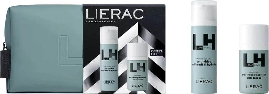 Set për burra LIERAC Homme emulsion kundër plakjes 50ml + deodorant roll-on 50ml + çantë kozmetike