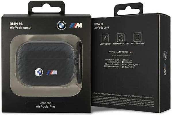 Mbështjellës BMW Carbon Double Metal Logo për AirPods Pro, me karabiner, i zi
