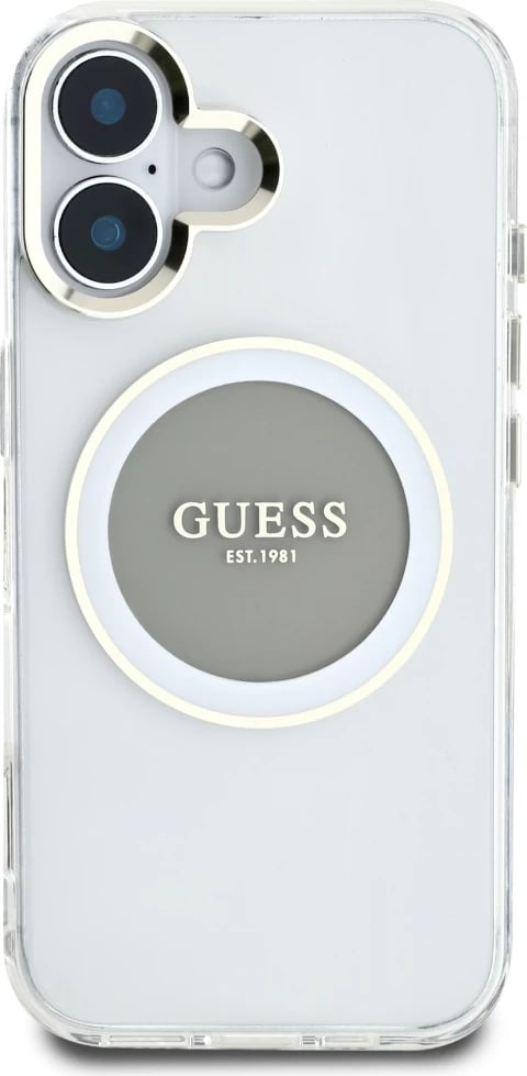 Mbështjellës Guess IML Metal Colored Circle Classic Logo MagSafe për iPhone 16, Gri