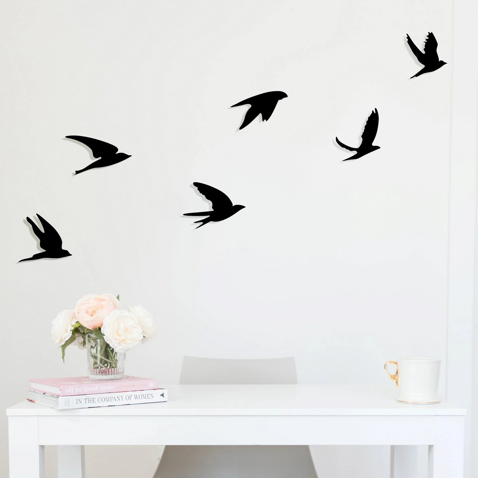 Aksesor dekorativ metalik për mur, zogj të zinj, set Umudo