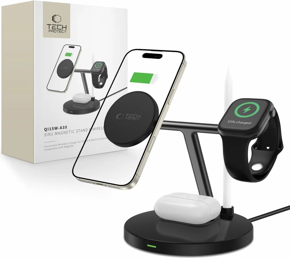 Karikues wireless 3-në-1 Tech-Protect QI15W-A35 me MagSafe, për iPhone, AirPods, Apple Watch, Zi