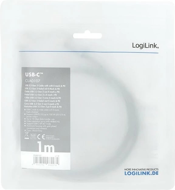 Kabllo USB-C LogiLink CUA0107, 1m, 4K/60Hz, Power Delivery, e zezë/gri