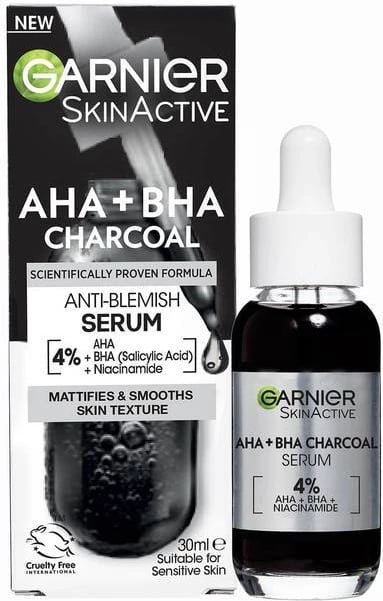 Serum me 4% AHA + BHA, Niacinamide dhe Qymyr Aktiv Garnier Skin Active