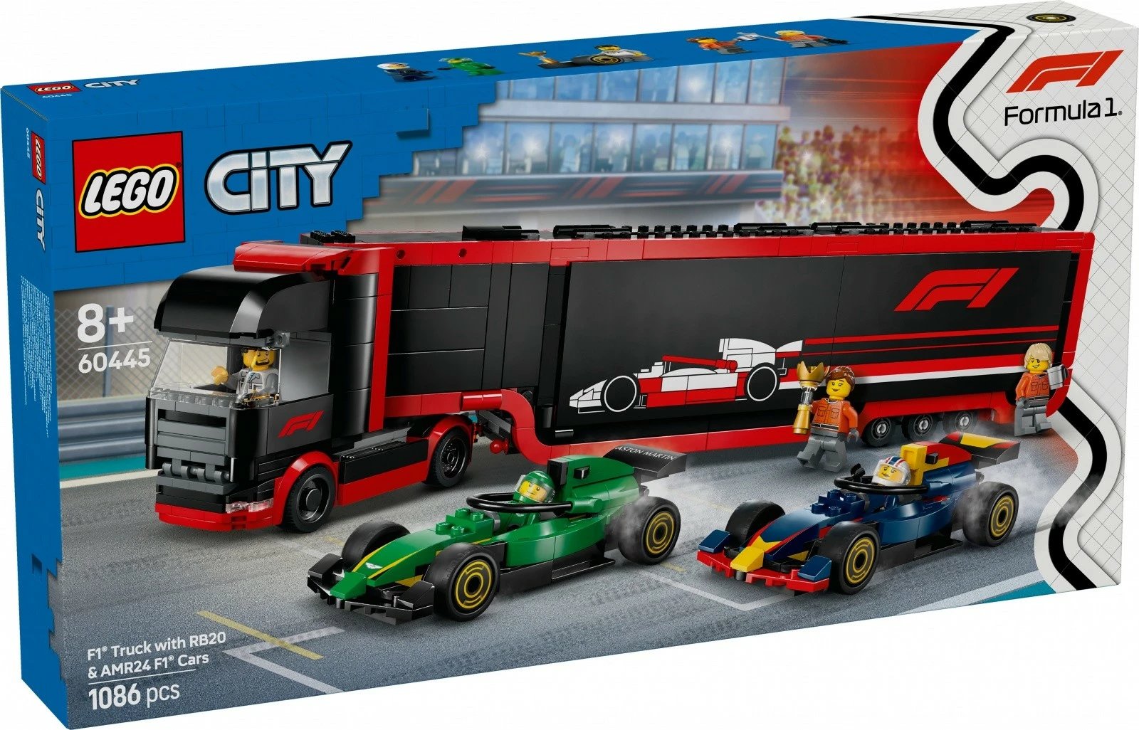 Set LEGO City 60445, F1 Truck me RB20 dhe AMR24 F1 Cars, 1086 pjesë