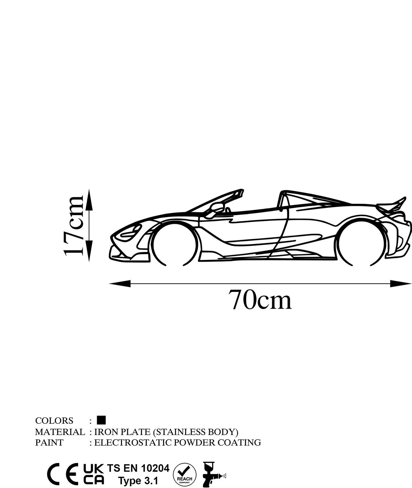 Aksesor dekorativ metalik për mur, silueta McLaren 720S, ngjyrë e zezë, 70x17cm