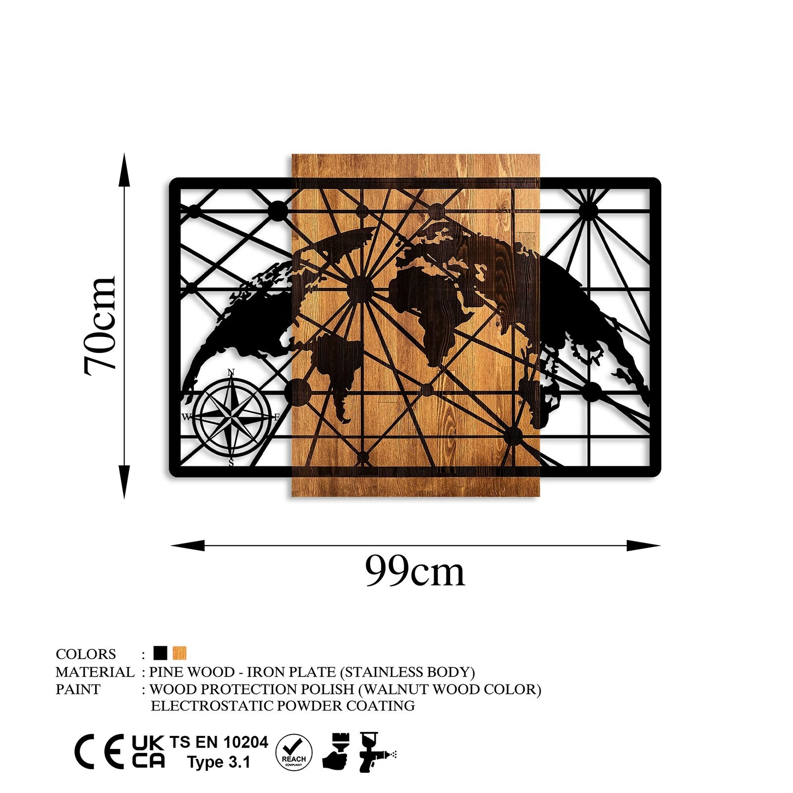 Aksesor dekorativ për mur, hartë bote, dru dhe metal, Wallity, 70x99cm, ngjyrë arre dhe e zezë