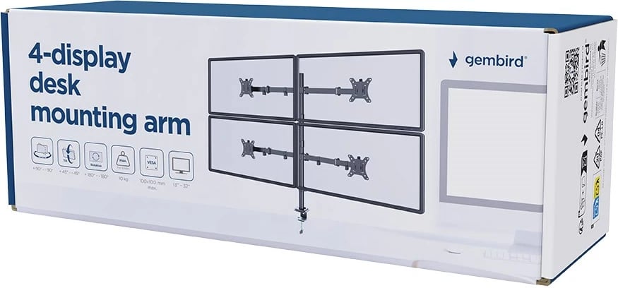 Krah montimi për tavolinë GEMBIRD MA-D4-01 për 4 monitorë, 13-32 inç, i zi
