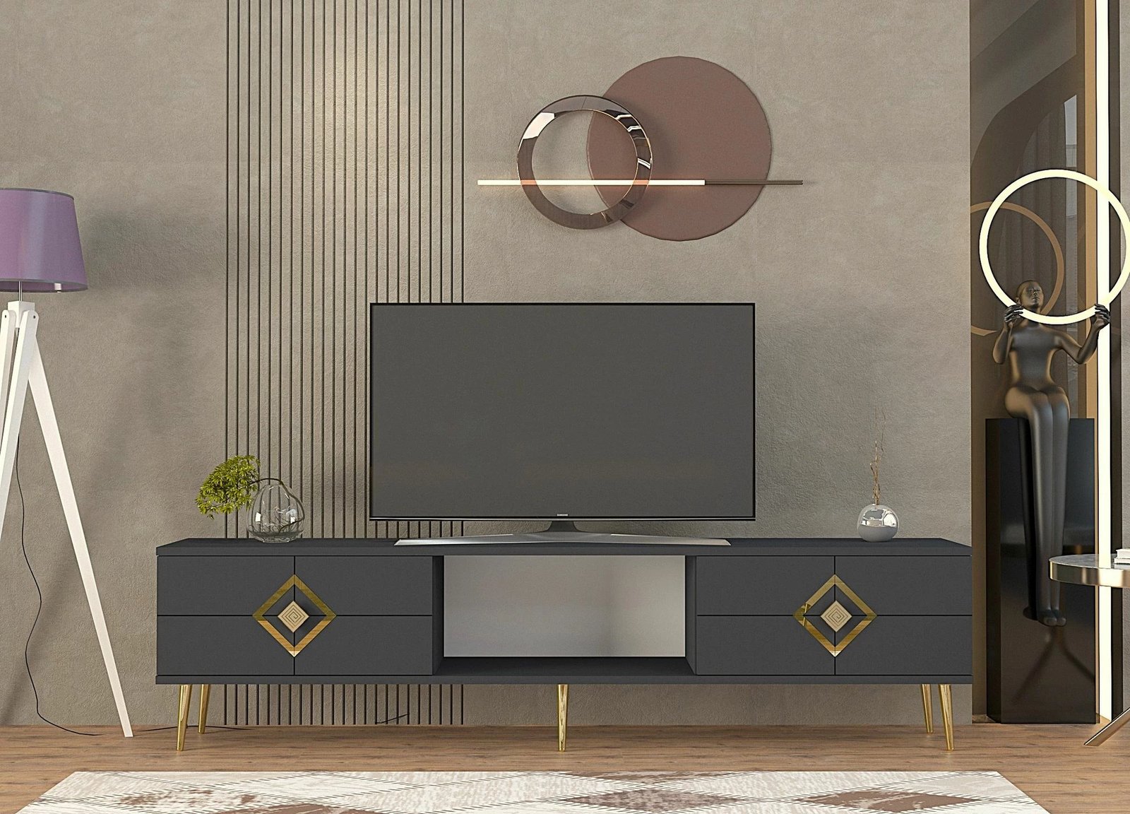 Komodë TV Skye Decor, ngjyrë antracit, detaje ari