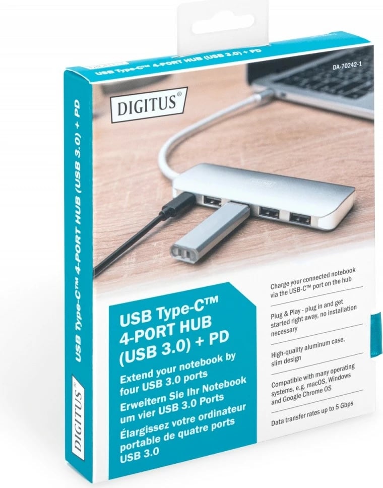 HUB USB 3.0 Digitus DA-70242-1, 4 porta, Type-C PD, alumini, argjendtë