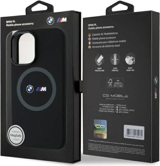 Mbështjellës BMW M për iPhone 16, silikon, MagSafe, i zi