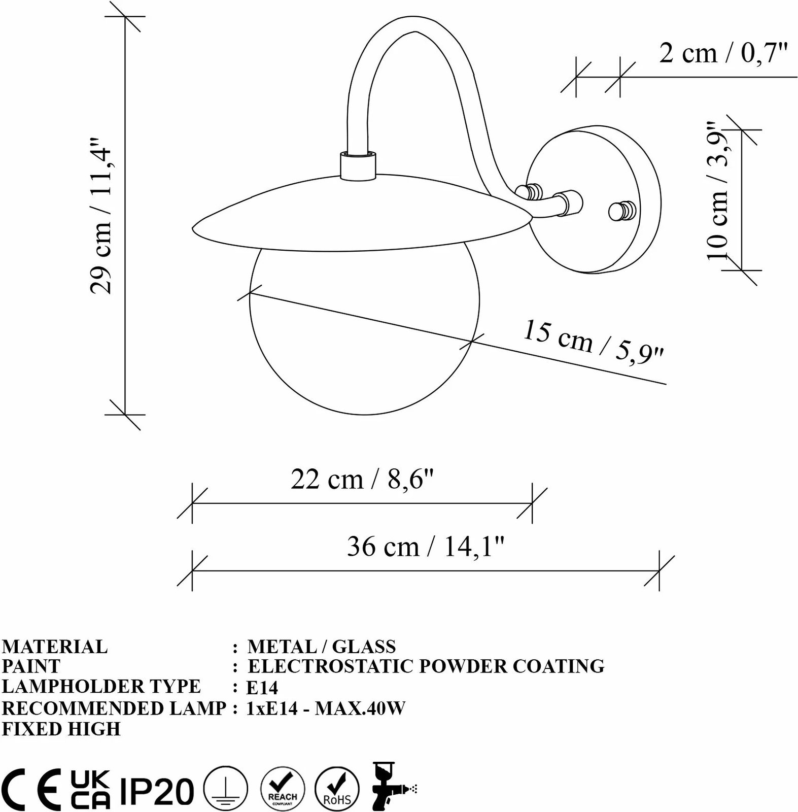 Llambë muri Opviq, Anemon - 15002, metal dhe qelq, e zezë