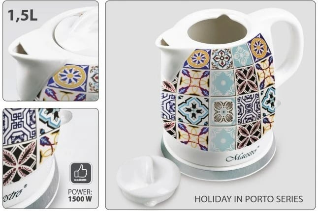 Ibrik elektrik qeramike Maestro MR-066-PORTO, 1.5L, Bardhë me motive mozaiku