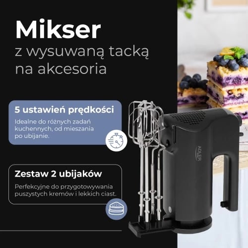 Mikser dore, Adler AD 4230, 300W 5 shpejtësi Turbo me sirtar aksesorësh, i zi