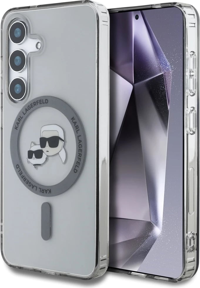 Mbështjellës Karl Lagerfeld Button Karl & Choupette Heads Printed Logo MagSafe për Samsung Galaxy S25, Zi
