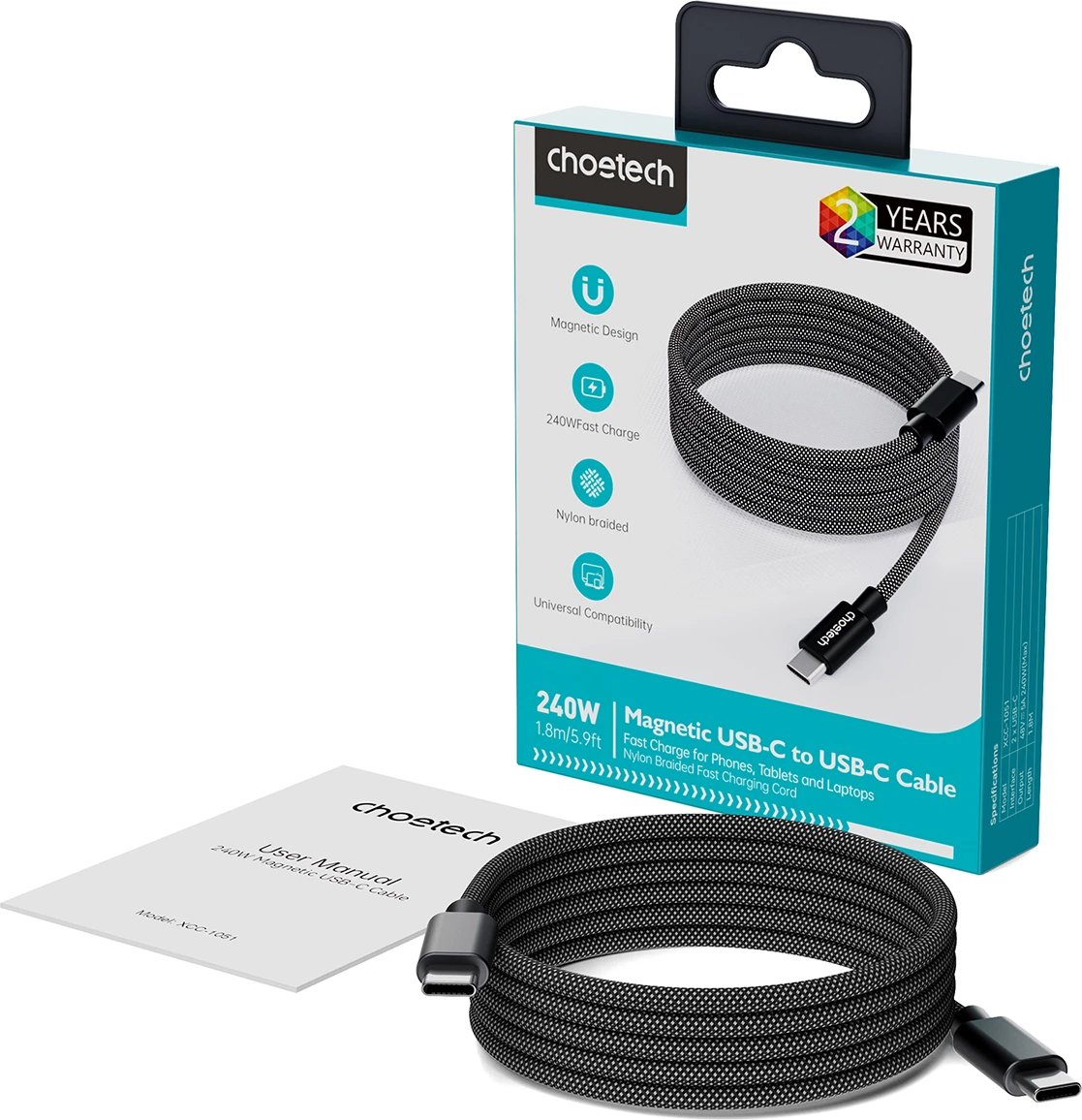 Kabllo magnetike USB-C Choetech XCC-1052, 1.2m, 100W, e zezë
