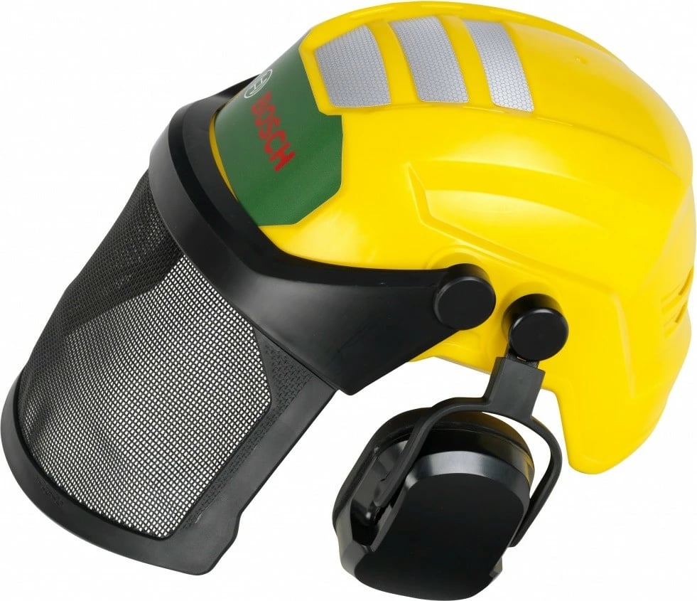 Kaskë loje, Klein Bosch 8199, me vizorë dhe mbrojtëse të veshëve, e rregullueshme, plastike, e verdhë/zezë/jeshile