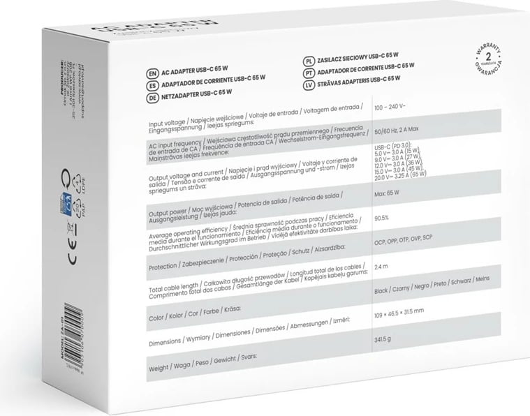 Karikues USB-C, Savio, ZA-01, 65W PD 3.0, kabllo 2.4 m, e zezë
