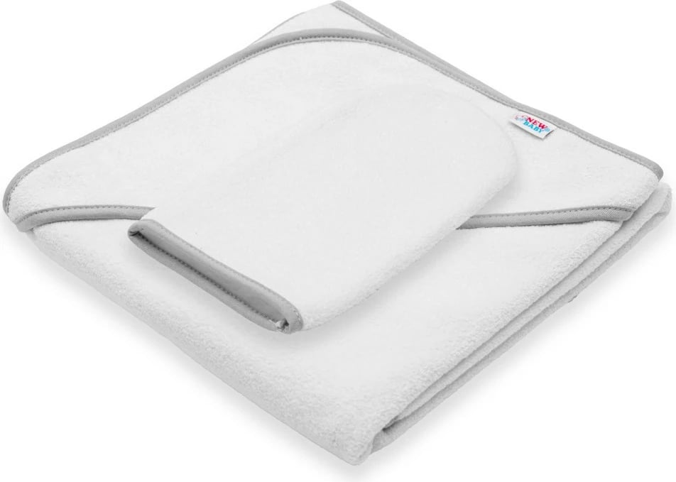 Peshqir terry me kapuç, NEW BABY BASIC, 80x80 cm, i bardhë-gri, me dorezë larëse