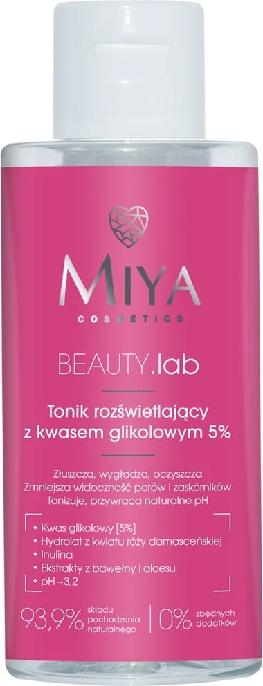 Toner ndriçues për fytyrë Miya Cosmetics BEAUTY Lab Brightening me acid glikolik 5%, 150ml