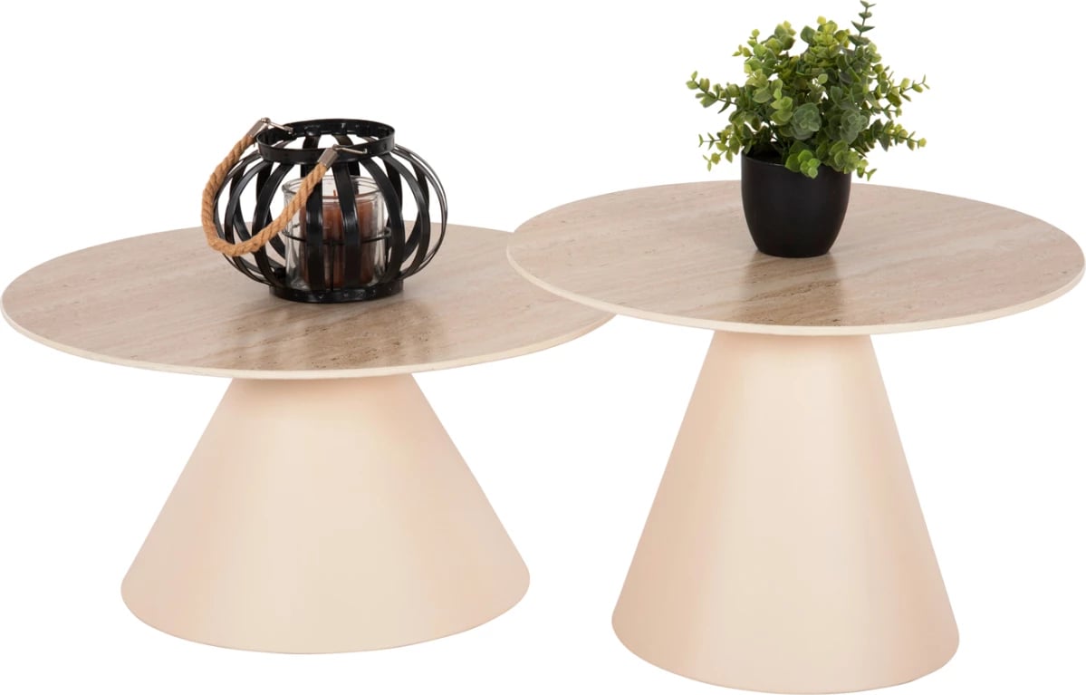 Tavolina anësore 2 copë NANZA FH9927 metalike me sipërfaqe qeramike krem-bezhë Φ50&Φ60 cm