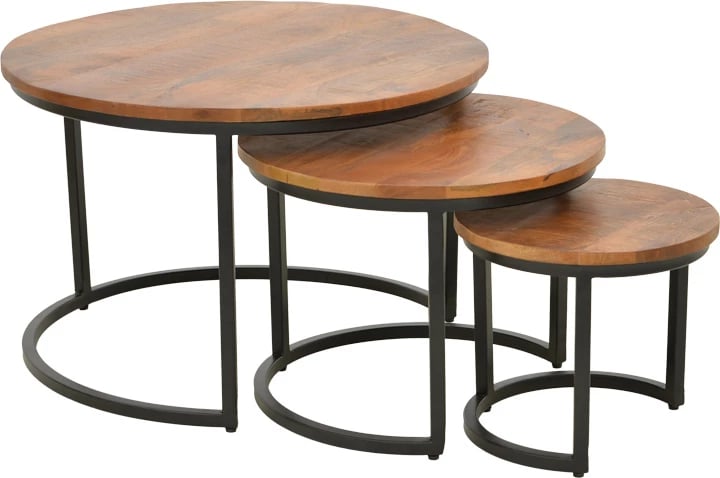 Set tavolinash kafeje Frina, dru mango, ngjyrë arre, këmbë metalike të zeza, 3 copë