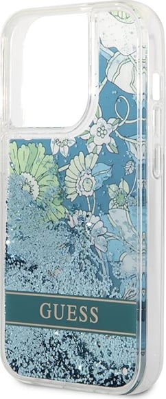 Mbështjellës Guess Flower Liquid Glitter për iPhone 14 Pro 6.1", Gjelbër