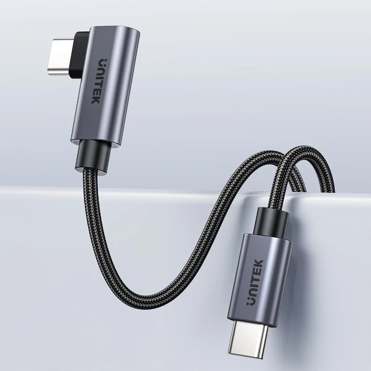 Kabëll USB-C Unitek, 90° PD100W, 1m, zi-gri Kabëll USB-C Unitek, 90° PD100W, 1m, zi-gri