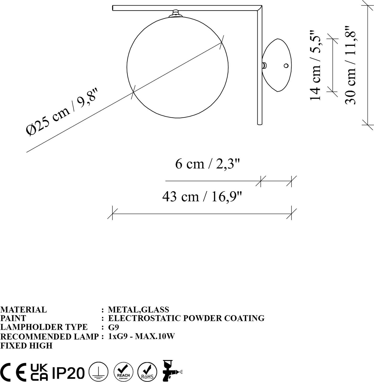 Llambë muri Opviq, Luminar, ngjyrë e zezë, 25x43x30cm