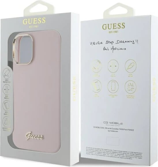 Mbështjellës Guess Silicone Script Metal Logo & Frame për iPhone 16, Rozë