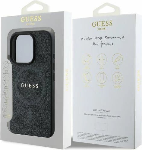 Mbështjellës, Guess, 4G Ring Classic Logo MagSafe, për iPhone 16 Pro 6.3", TPU/PC lëkurë eko, me MagSafe, i zi