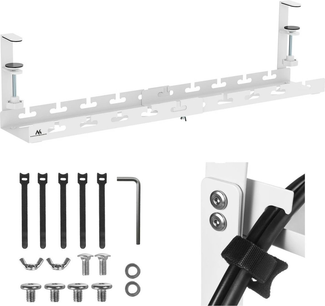 Organizues kabllosh nën tavolinë, Maclean MC-103 W, gjatësi e rregullueshme 433–728 mm, kapacitet 5 kg, montim me kapëse, i bardhë, set me 5 rripa ngjitës Organizues kabllosh nën tavolinë, Maclean MC-103 W, gjatësi e rregullueshme 433–728 mm, kapacitet 5 kg, montim me kapëse, i bardhë, set me 5 rripa ngjitës