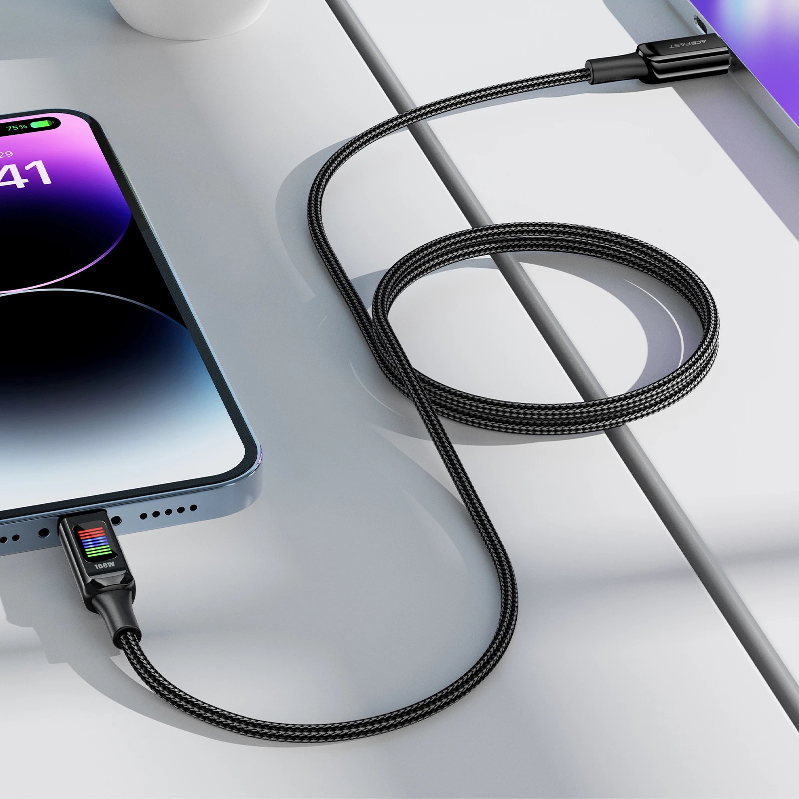 Kabllo Acefast C7-03 USB-C në USB-C, 1.2m, 100W, me ekran, e zezë