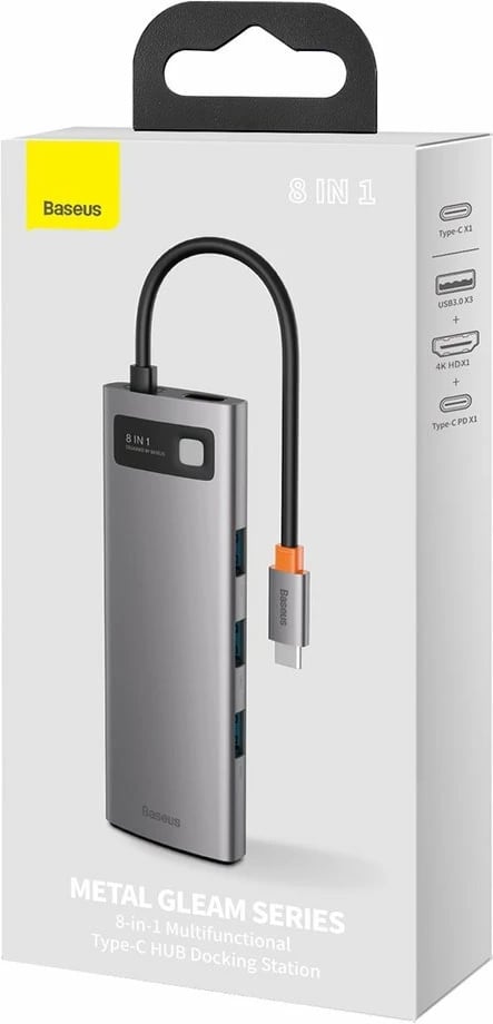 HUB Baseus Metal Gleam 8in1, USB-C, HDMI 4K, RJ45, 100W PD, Gri
