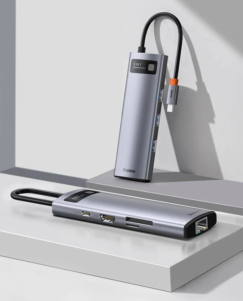 HUB Baseus Metal Gleam 8in1, USB-C, HDMI 4K, RJ45, 100W PD, Gri