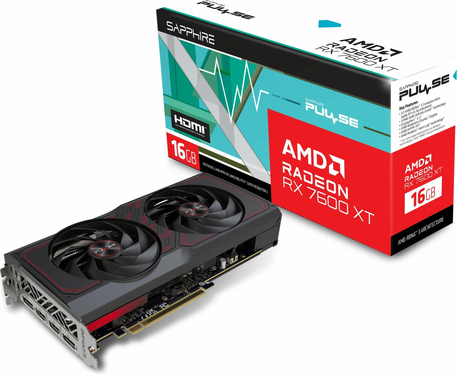 Kartelë grafike Sapphire PULSE Radeon RX 7600 XT, 16 GB, GDDR6, PCI Express x8 4.0, ngjyrë e zezë