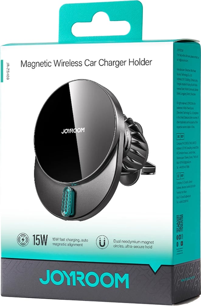 Mbajtës magnetik me karikues wireless Joyroom JR-ZS409 për veturë, 15W, i zi