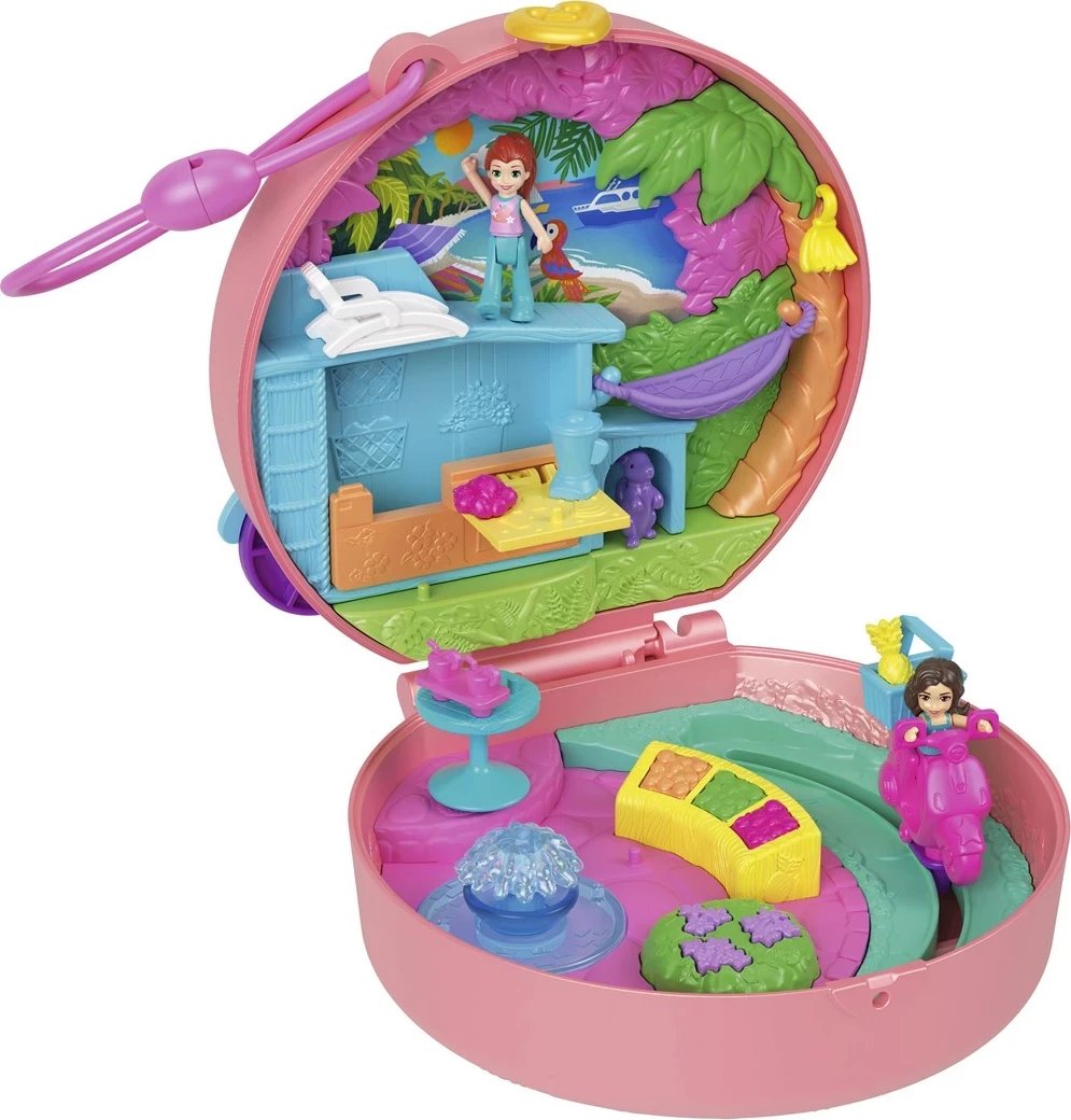Set lodrash Polly Pocket Adventure Moped Compact me 2 kukulla të vogla dhe kafshë lodër, shumëngjyrëshe