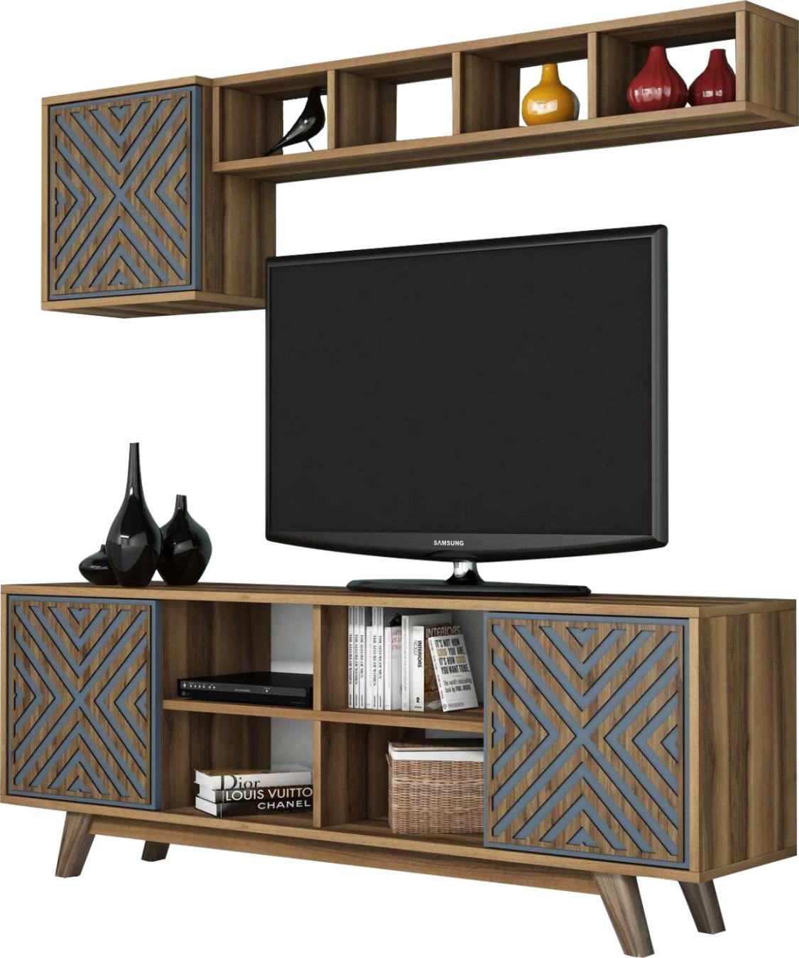 Set mobiljesh për TV, ngjyrë arre dhe qielli, FH9516.02, 160x35x56.2 cm