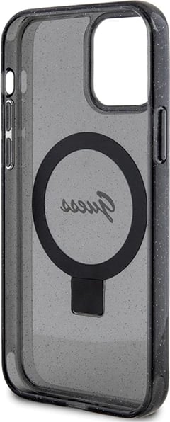 Mbështjellës Guess Ring Stand Script Glitter MagSafe për iPhone 12/12 Pro, i zi