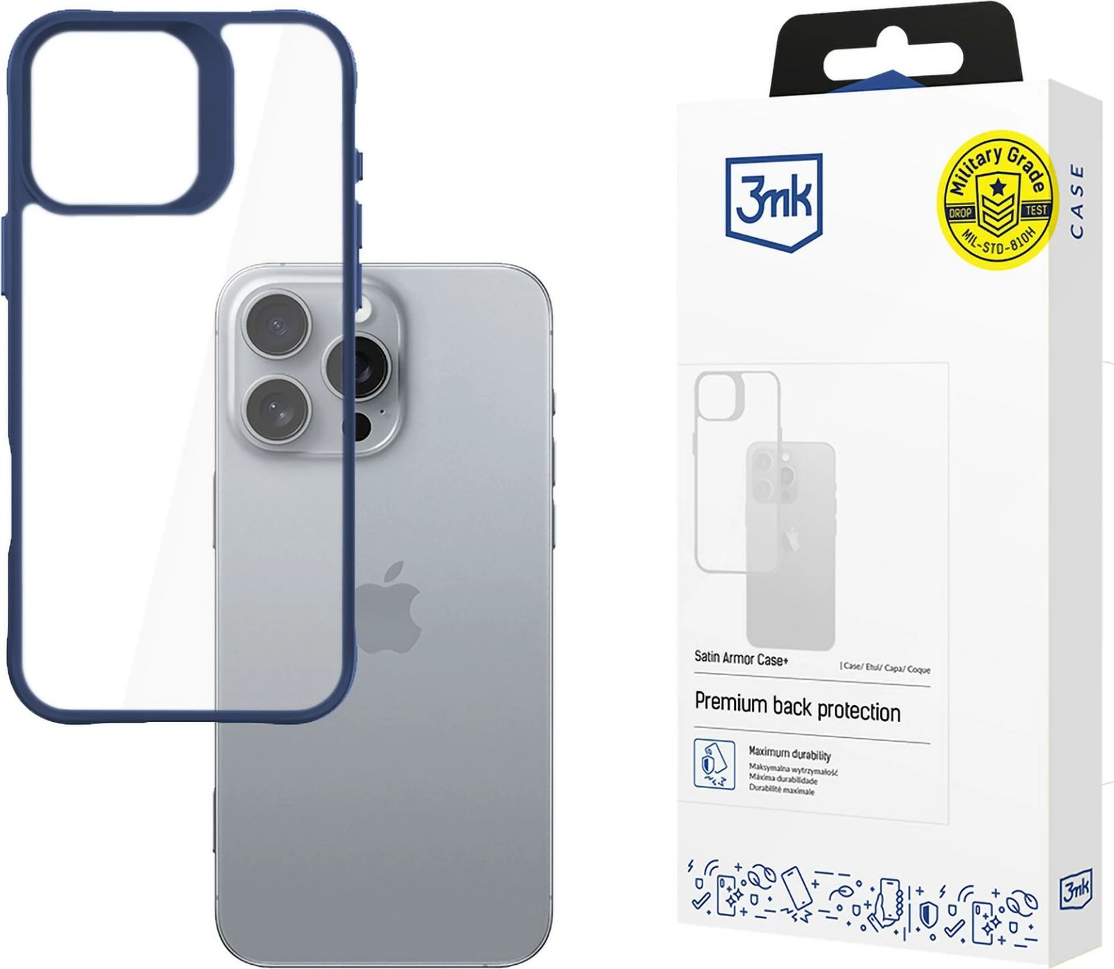 Mbështjellës 3mk Satin Armor Case+ për iPhone 16 Pro Max, Transparent/Blue