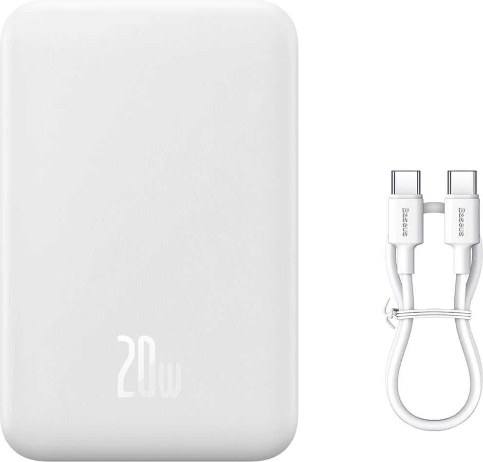 Powerbank Baseus Magnetic Mini 20000 mAh, 20W, USB-C, i bardhë me kabllo USB-C/USB-C