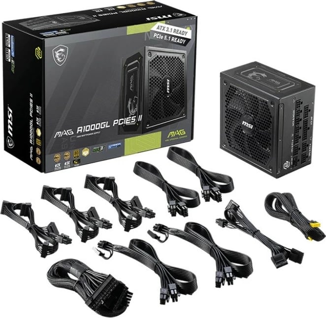 Furnizues energjie PC MSI MAG A1000GL PCIE5 II 1000W 80 PLUS Gold modular ATX 3.1 me PCIe 5.1 16-pin, e zezë