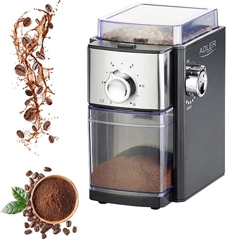bluarëse kafe me rrota metalike, Adler AD 4448, hinkë 250g, depozitë 100g, rregullim i imtësisë dhe 2–12 porcione, 150W (300W max), e zezë/inox bluarëse kafe me rrota metalike, Adler AD 4448, hinkë 250g, depozitë 100g, rregullim i imtësisë dhe 2–12 porcione, 150W (300W max), e zezë/inox