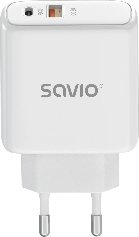 Karikues murale, Savio LA-12 (SAVLA-12), 20W PD 3.0 & QC 3.0, 2 porta (USB-A + USB-C), prizë EU, i bardhë