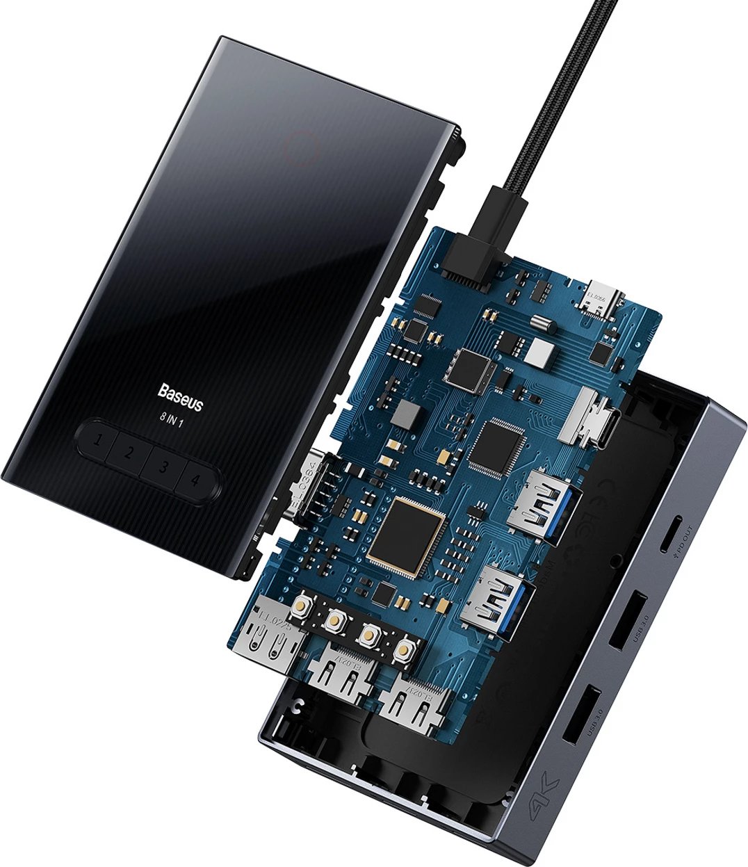 Kasë Baseus PioneerJoy 8-in-1, USB-C hub, HDMI 4K@60Hz, DisplayPort 8K@30Hz, VGA, 2x USB-A 3.0, 2x USB-C, gri