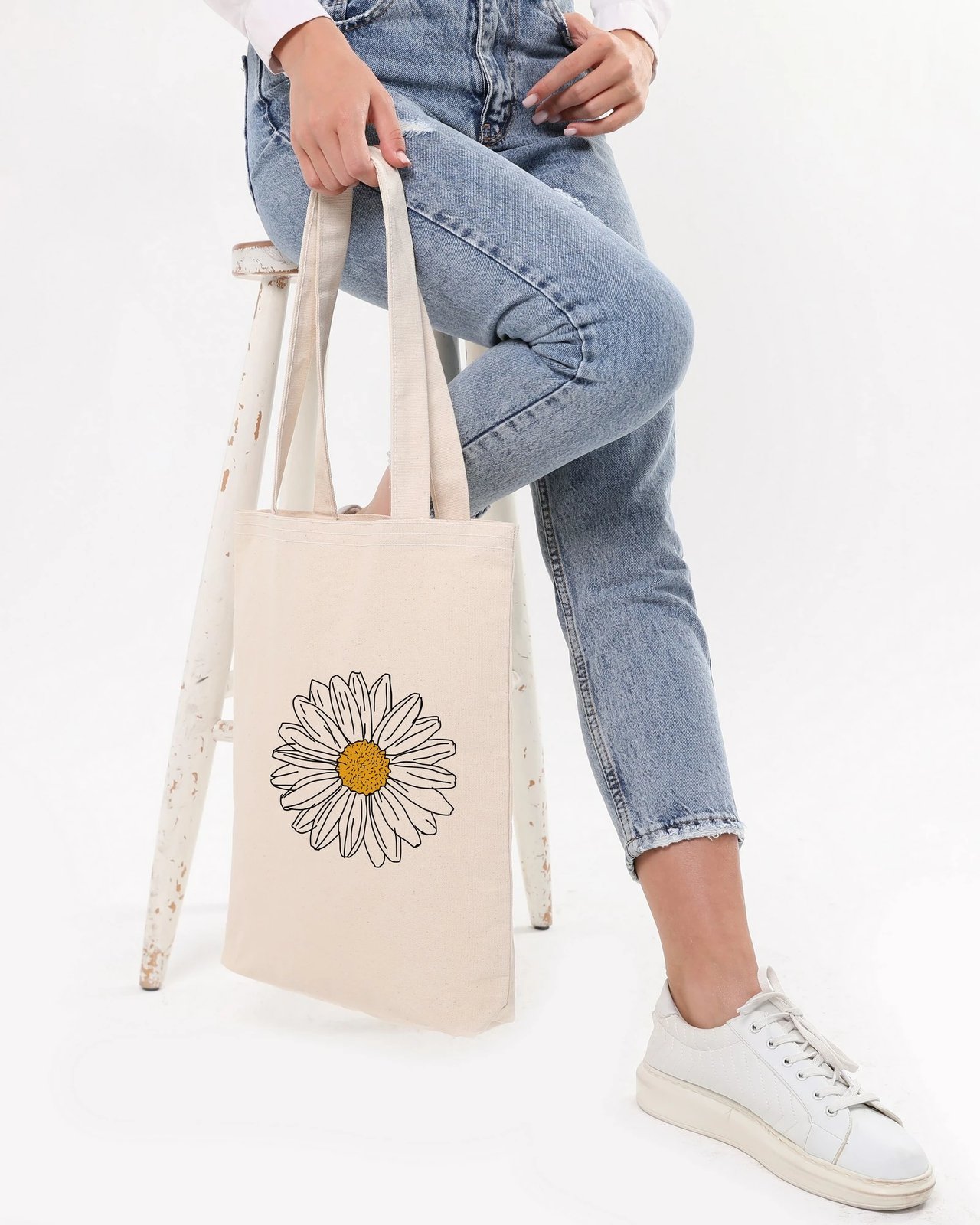 Çantë tote Zoozie Bags, krem, 35x40x8cm, me lule